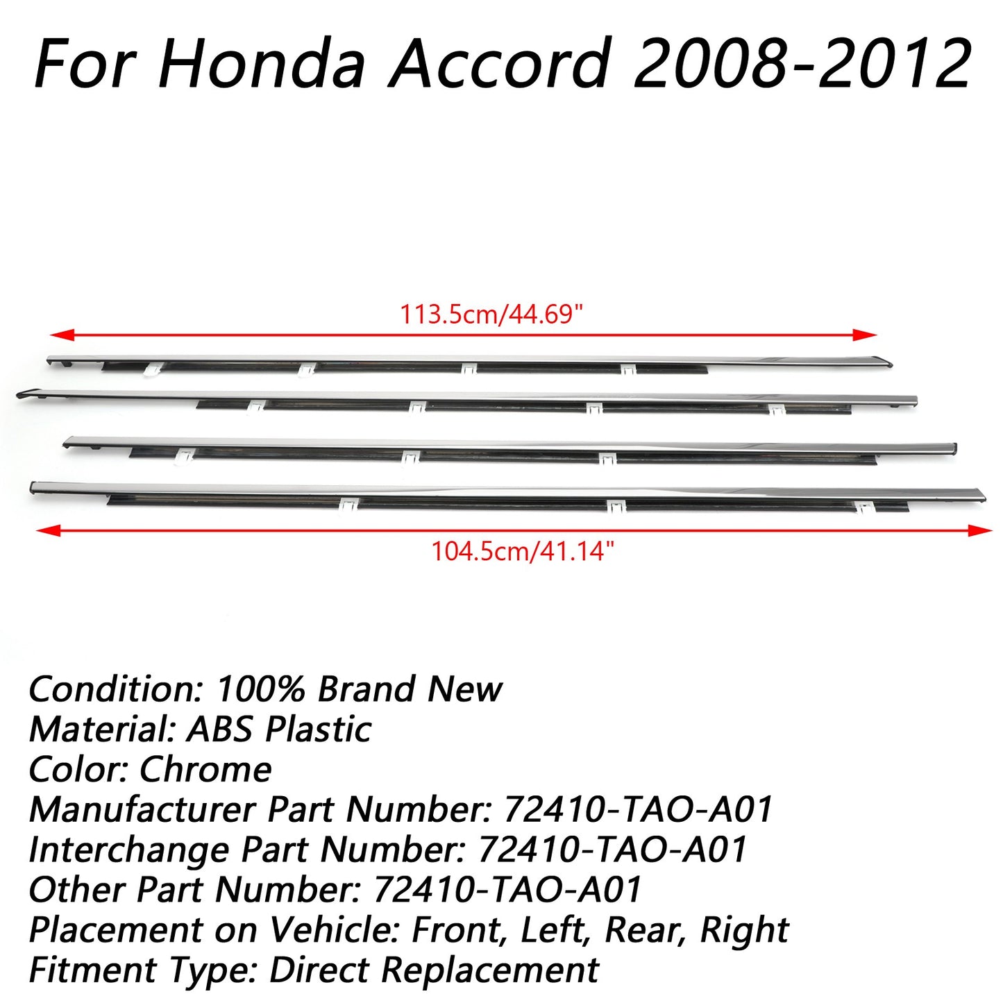 4pcs Chrome Car Window Moulding Trim Weatherstrips Seal Fit For Accord 08-12 USA