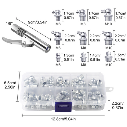 61PCS Heavy Duty Grease Gun Coupler Kit w/ M6 M8 M10 Zerk Fittings for Machinery