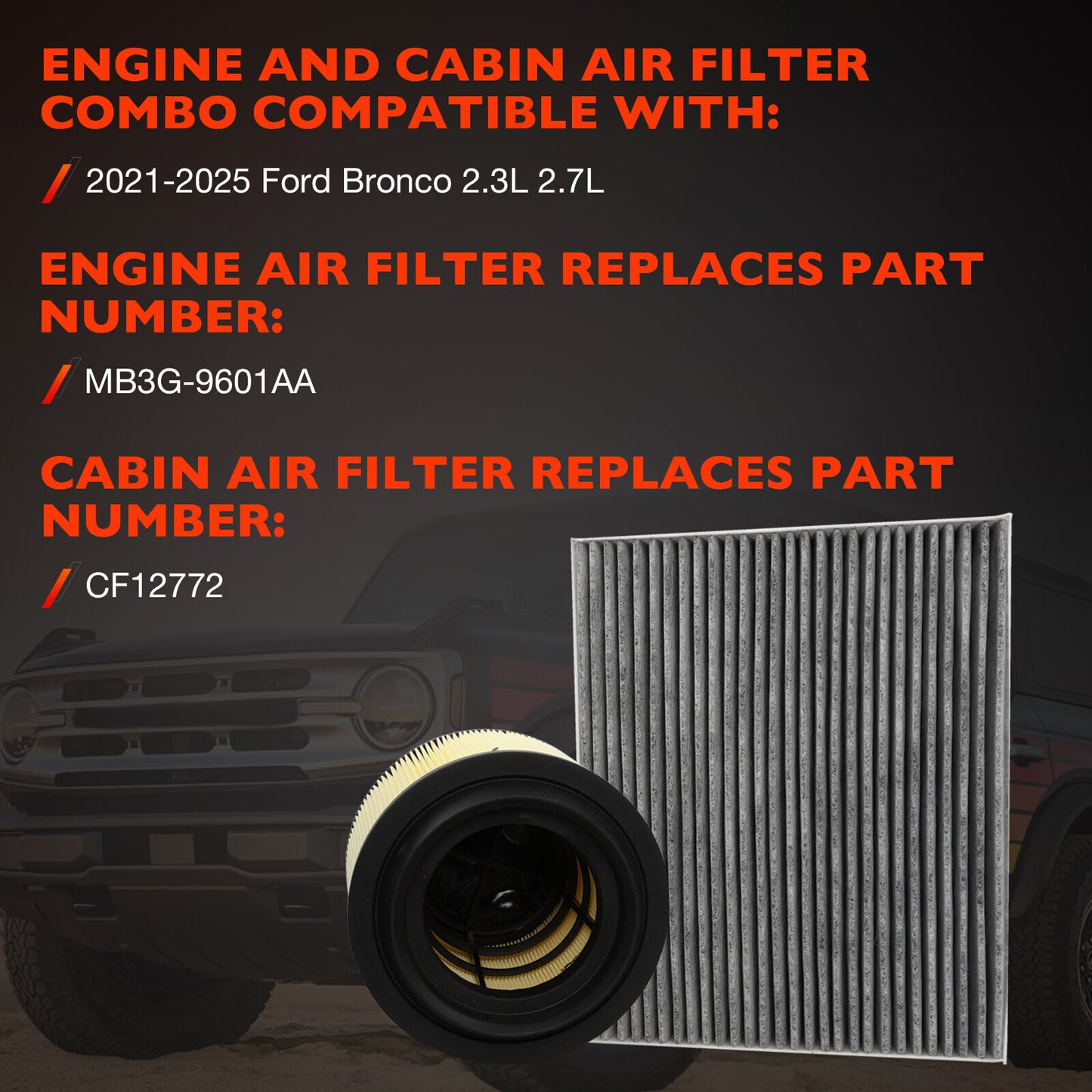 2X Cabin Engine Air Filter For 2021-25 Ford Bronco 2.3L 2.7L CF12772 MB3G-9601AA