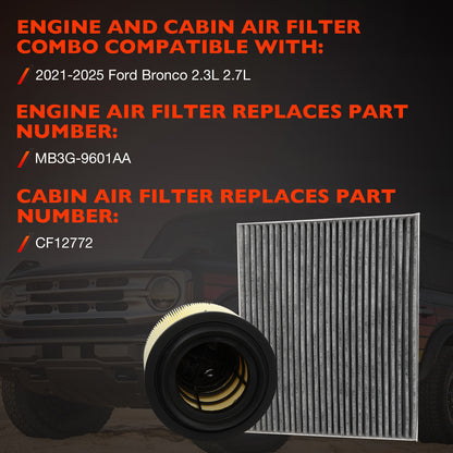2X Cabin Engine Air Filter For 2021-25 Ford Bronco 2.3L 2.7L CF12772 MB3G-9601AA