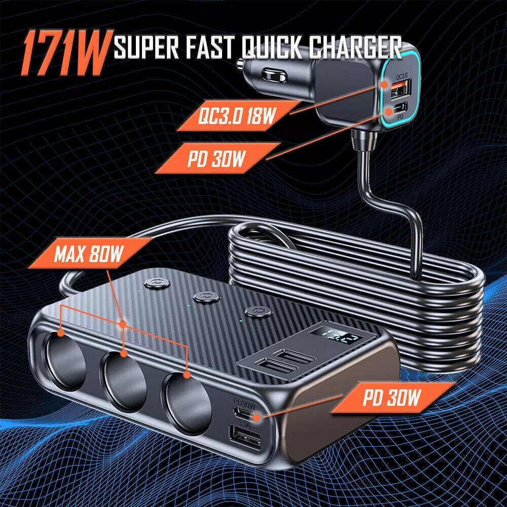 9in1 Multi Car Cigarette Lighter Socket Splitter USB C Plug Fast Charger Adapter