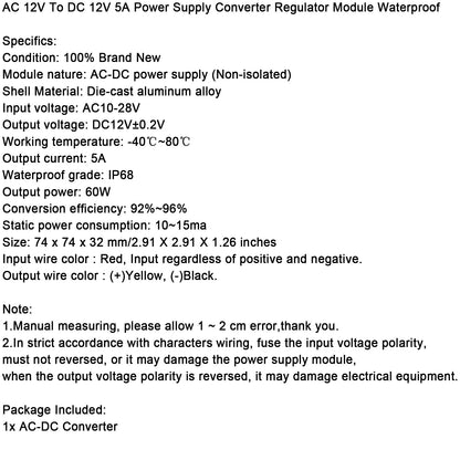 AC12V To DC12V 5A Waterproof Power Converter Power Adapter Transformer Module