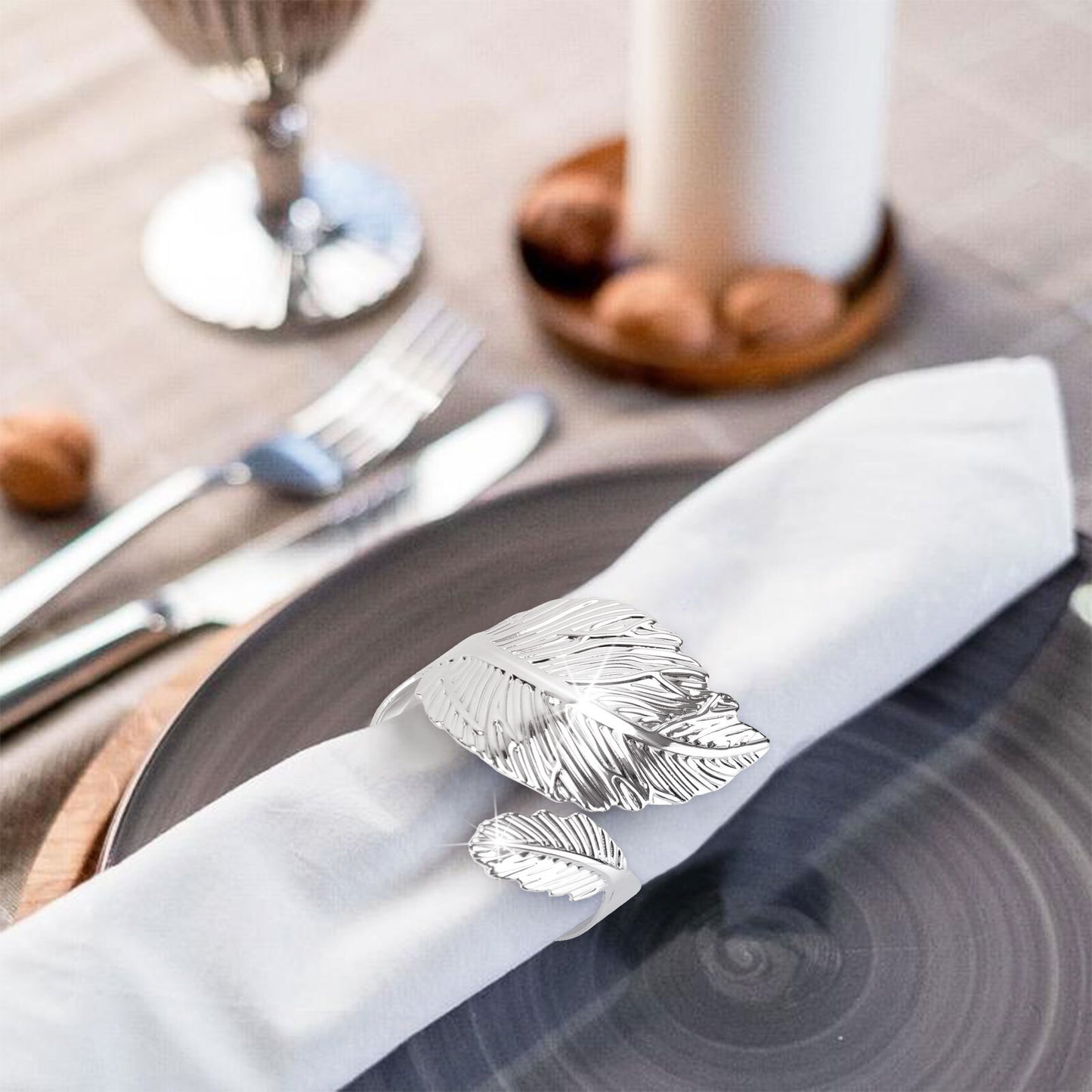 6PCS Silver Napkin Rings Leaf Napkin Holder Adornmen Alloy
