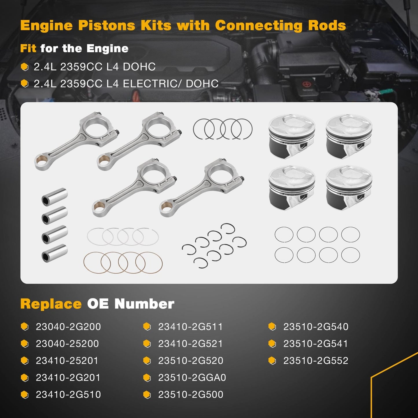 2.4 Engine Piston Kit w/ Connecting Rod Set For Hyundai Sonata Kia Optim Sorento