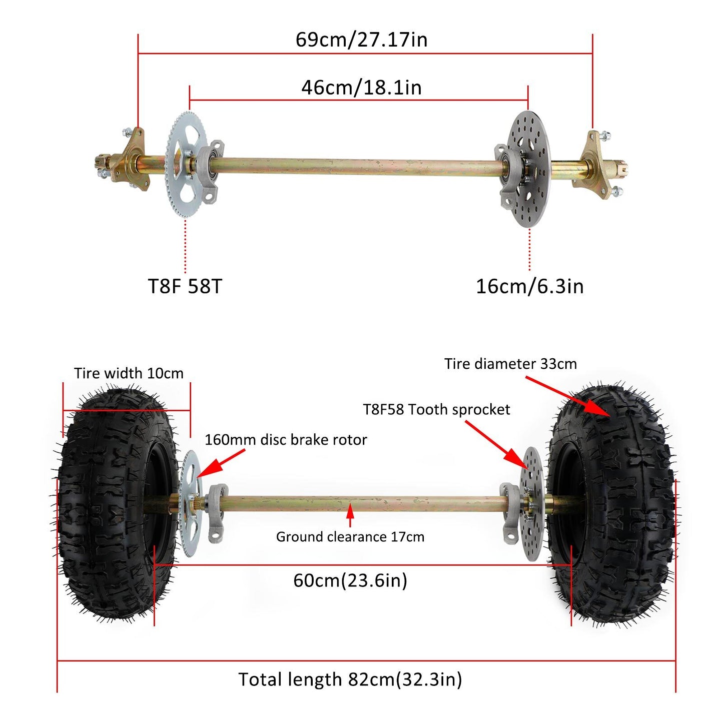 29" Rear Axle Assembly Complete Wheel Hub Kit for Go Kart Quad Trike Drift Bikes