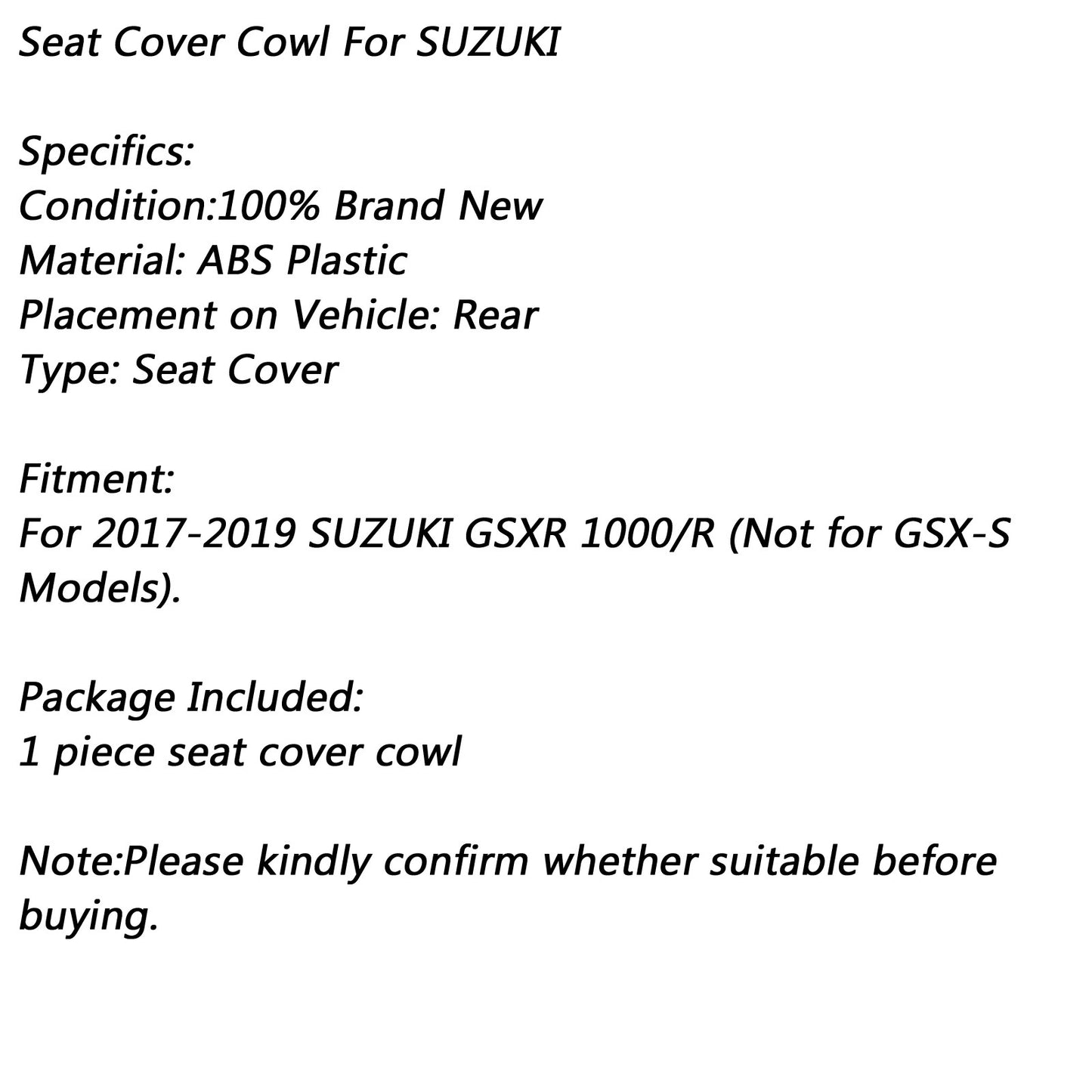 Passenger Rear Seat Cover Cowl For SUZUKI 2017-2024 GSXR GSX-R 1000 1000R Mblack