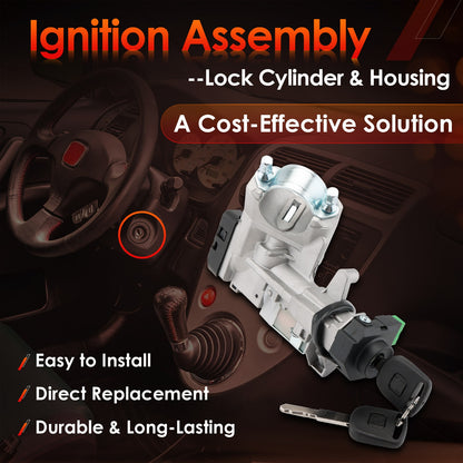 Ignition Switch Lock Cylinder & Keys w/ Chip For 01-05 Honda Civic 1.3L 1.7L L4