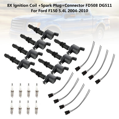 8X lgnition Coil +Spark Plug+Connector FD508  DG511 For Ford F150 5.4L 2004-2010