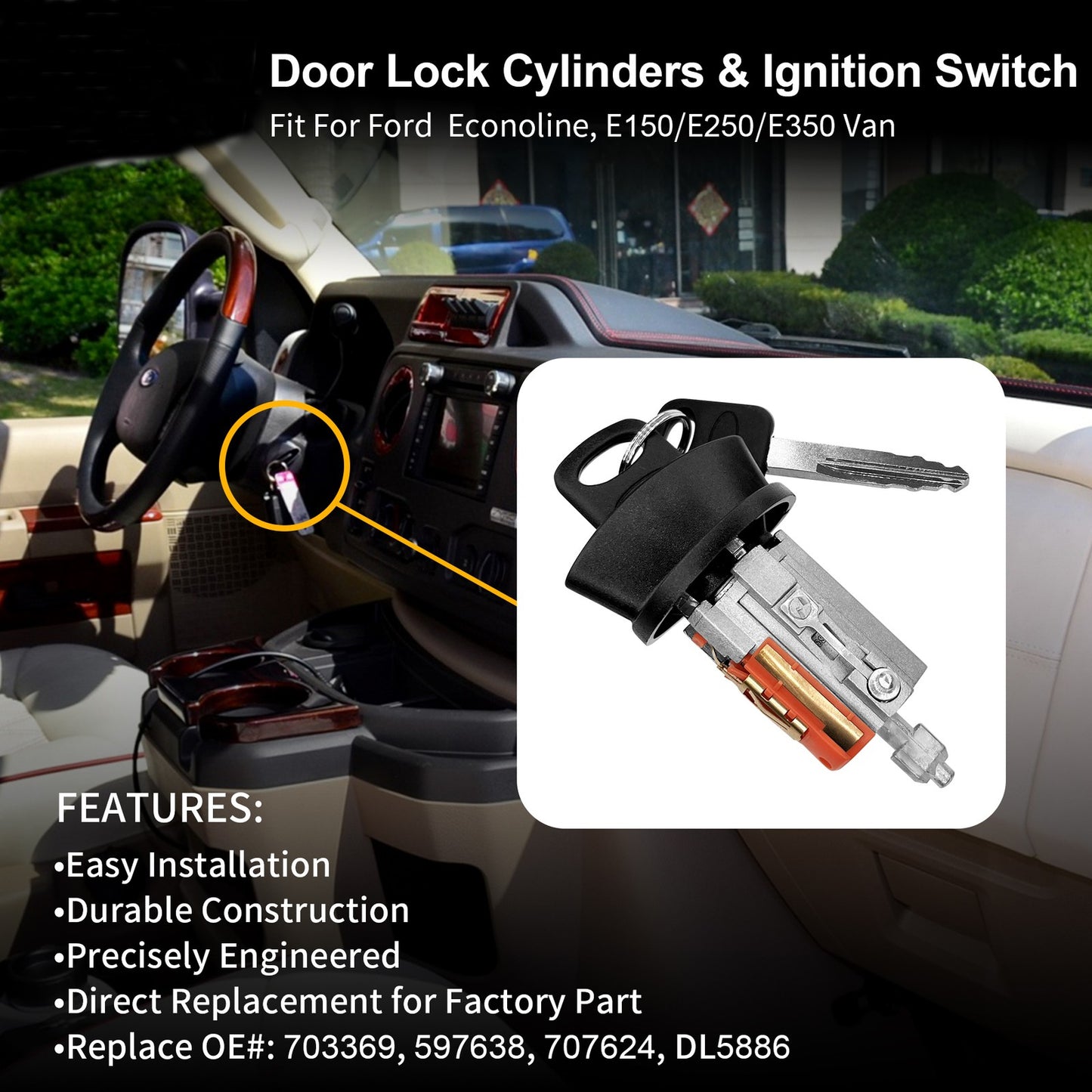 703369 Door & Ignition Switch Lock Cylinder w/ Keys Fit 1997-18 Ford E-150 E-250