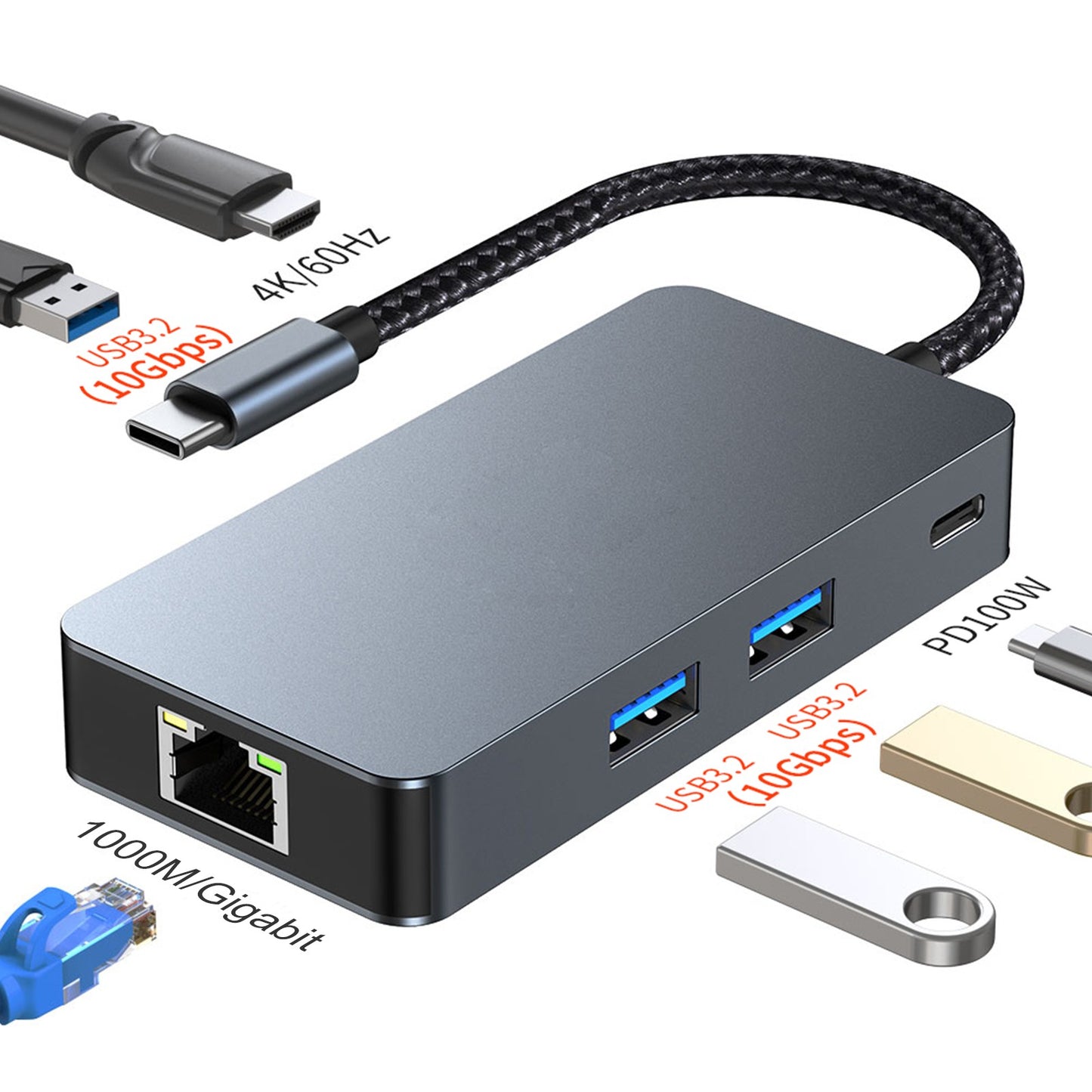6 in 1 TYPE-C to RJ45 Gigabit USB 3.2 HDMI PD100W Interface Hub for MacBook iPad