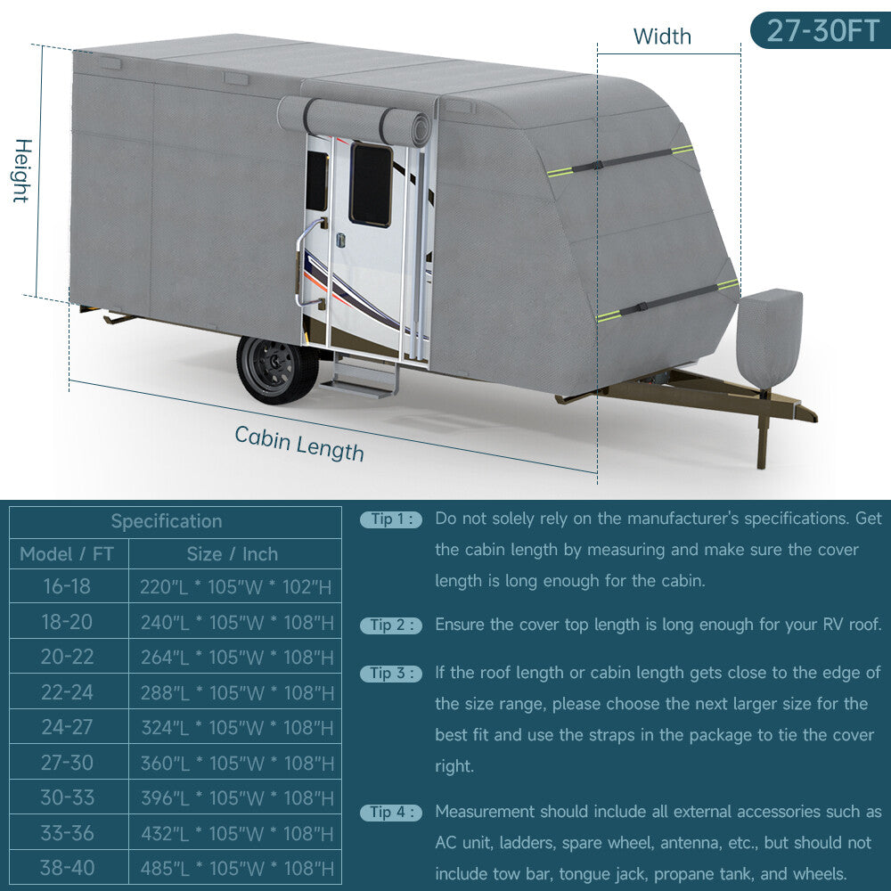 5-Layer Camper RV Cover 27'-30' Travel Trailer Windproof w/ Repair Patches