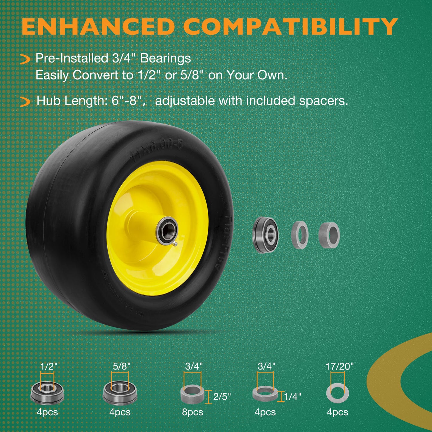 2x 11x6.00-5 Front Flat Free Tire Wheel Set w/ Bearings For Zero-Turn Lawn Mower
