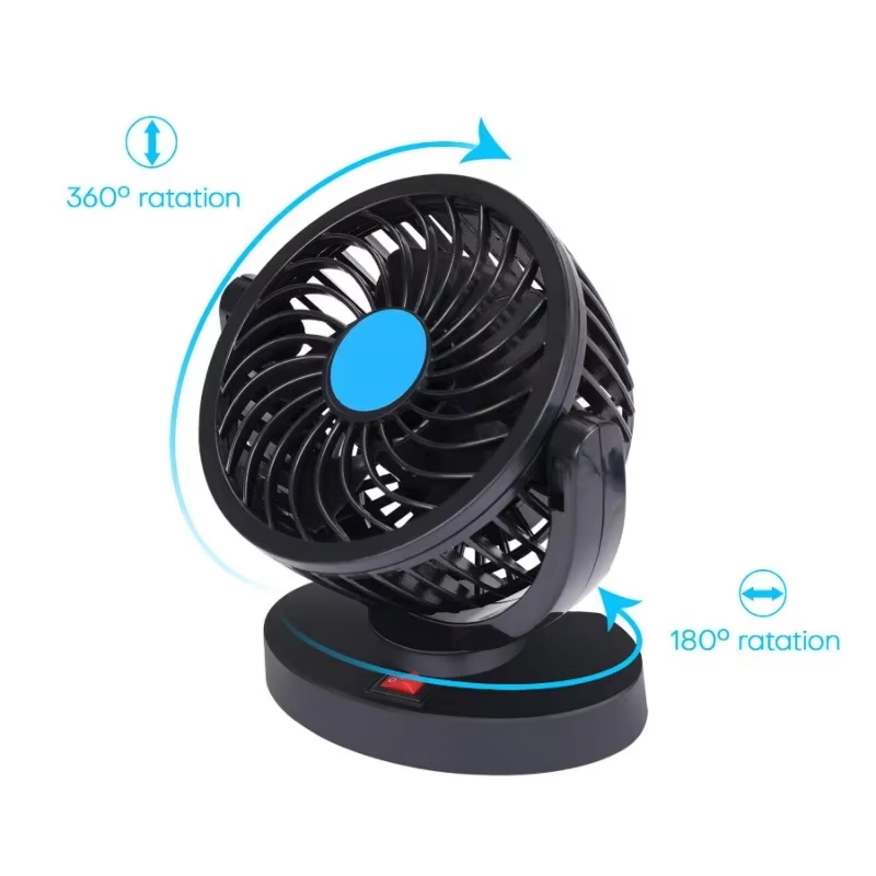 12V Powerful Quiet Car Fan USB Plug 180 + 360 degree Rotatable Cooling Fan