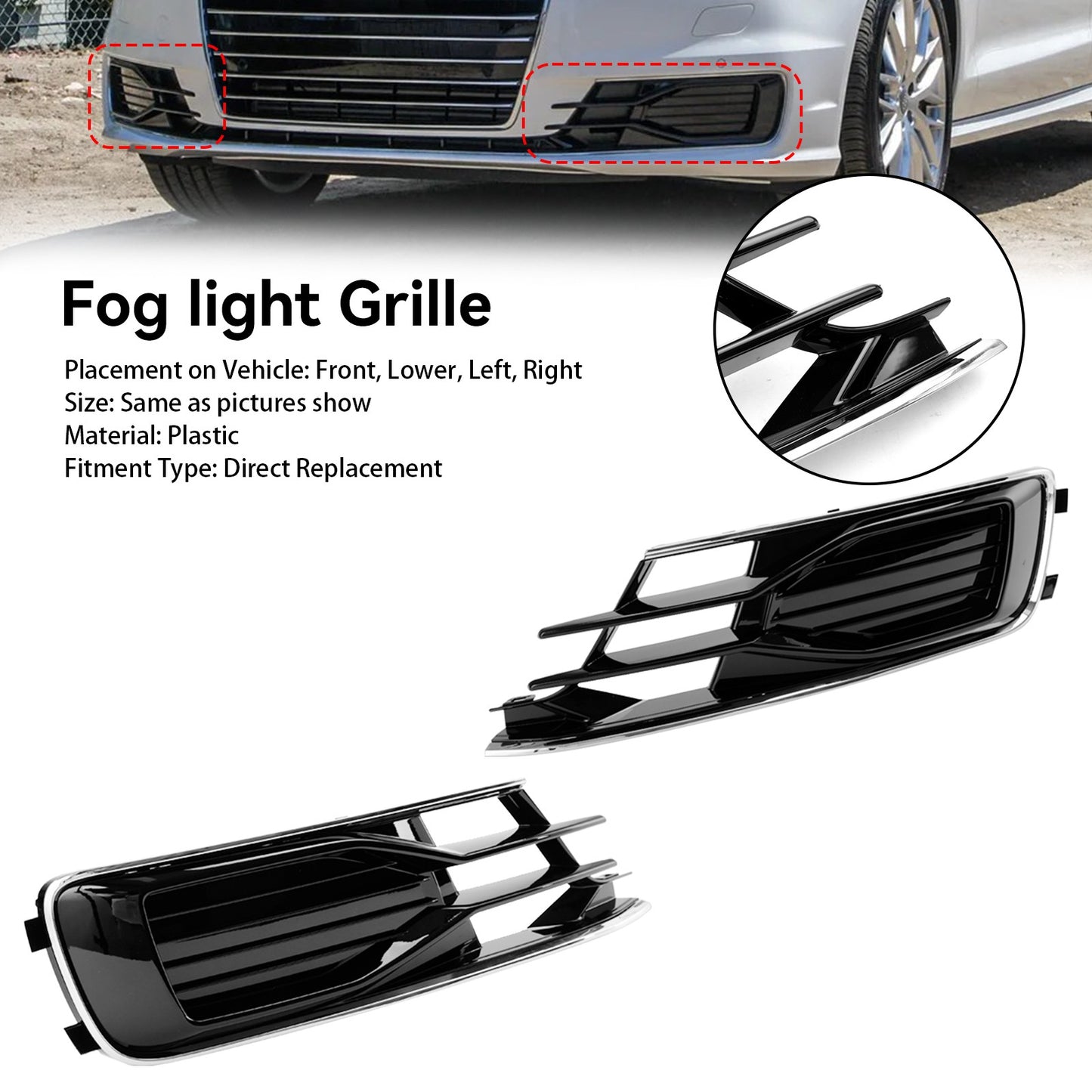 2PCS Front Bumper Foglight Cover Grill Fit Audi A6 C7 2014-2018 Black Chrome