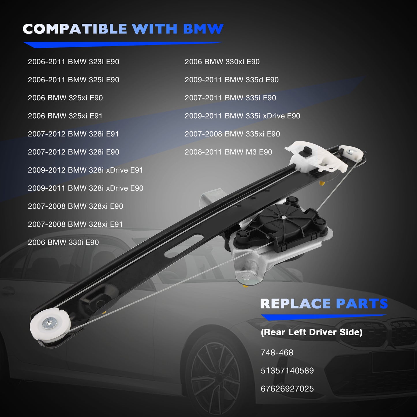 Window Regulator w/ Motor Rear Left For BMW E90 E91 323i 325xi 328i 330i 335xi