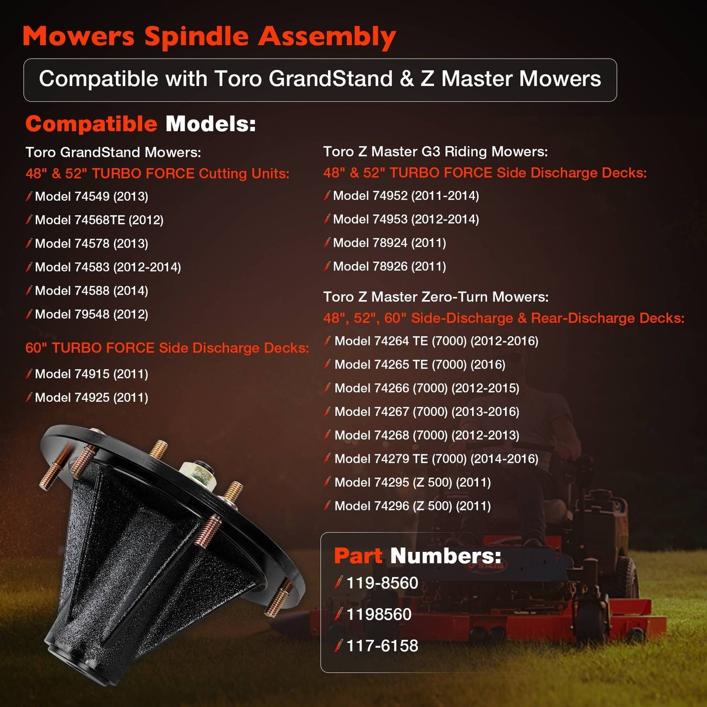 Spindle Assembly 119-8560 for Toro 48" 52" 60" Toro Grandstand & Z Master Mowers