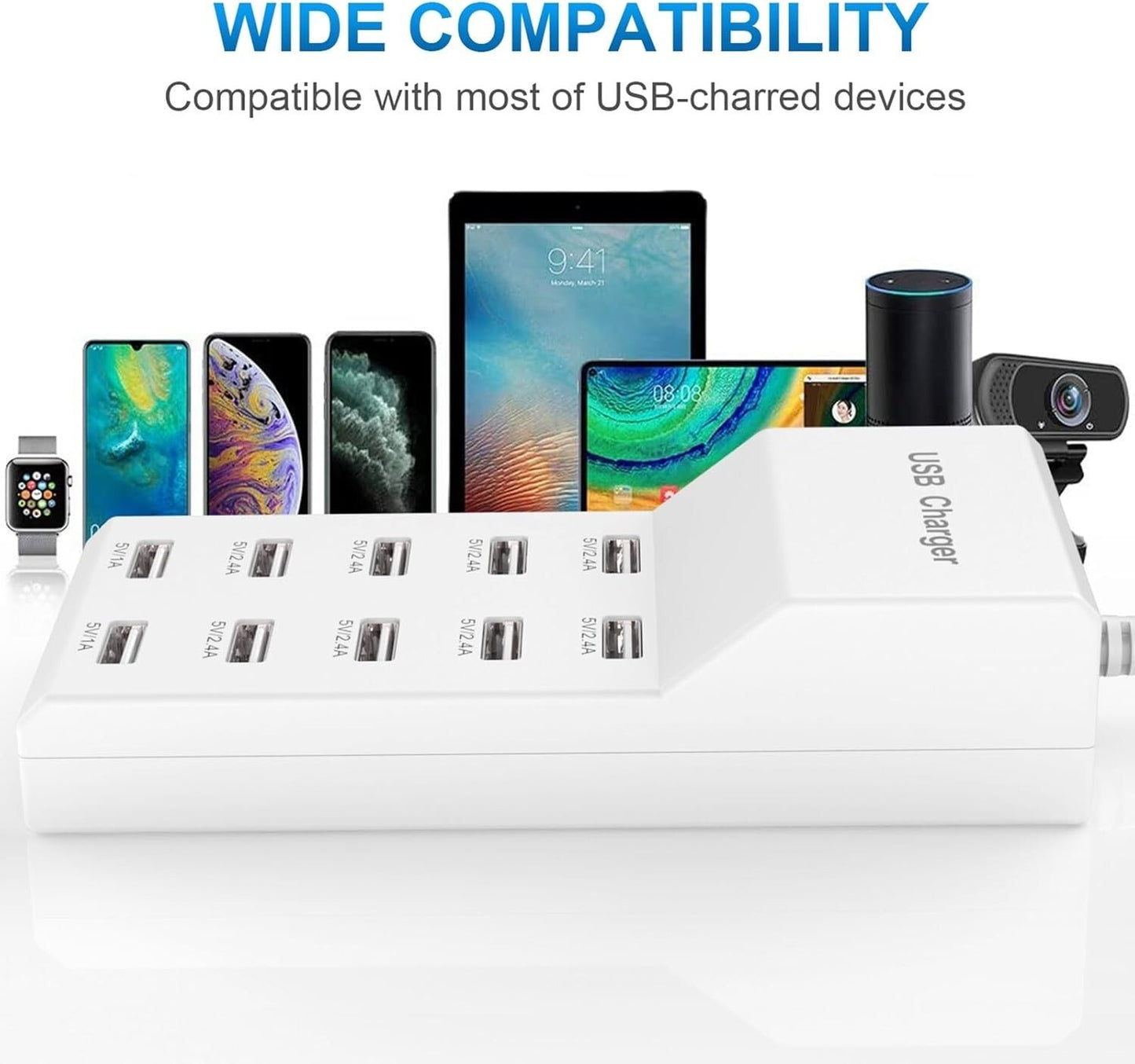 10 Port USB Charging Station Hub Power Adapter 50W Fast Charger for Phone Tablet