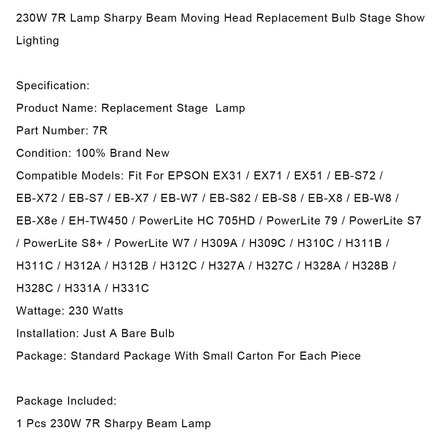 230W  7R Lamp Sharpy Beam Moving Head Replacement Bulb Stage Show Lighting.