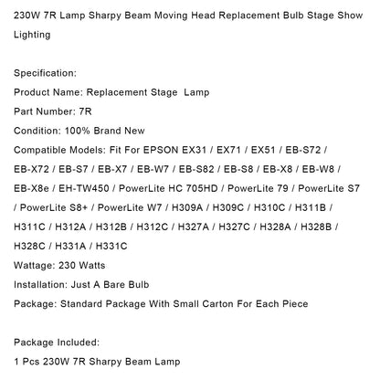 230W  7R Lamp Sharpy Beam Moving Head Replacement Bulb Stage Show Lighting.