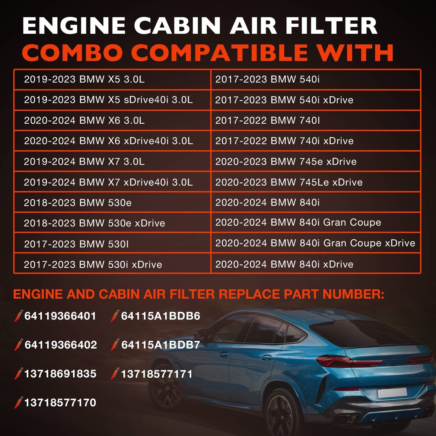 3X Engine Cabin Air Filters For 2017-24 BMW X5 X6 X7 530i 540i 840i 13718577170