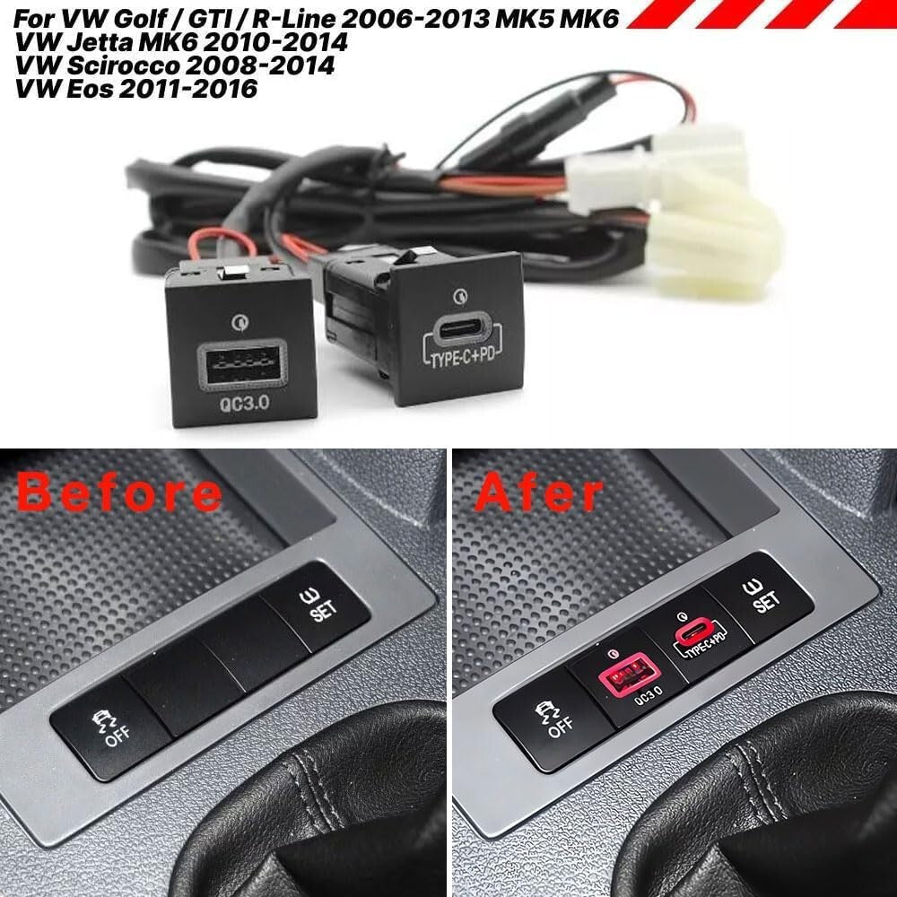 36W USB QC3.0 Charger + PD For Jetta MK6 10-14 Golf/GTI/R-Line 2006-2013 MK5 MK6