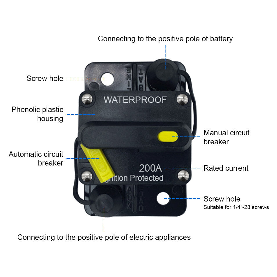 200A Circuit Breaker w Reset Waterproof for Auto Trailer Truck RV Marine Audio