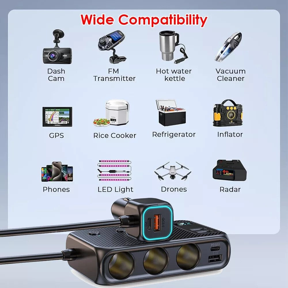 9in1 Multi Car Cigarette Lighter Socket Splitter USB C Plug Fast Charger Adapter