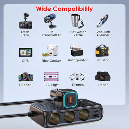9in1 Multi Car Cigarette Lighter Socket Splitter USB C Plug Fast Charger Adapter
