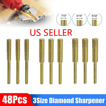 48Pcs 5/32" 3/16" 7/32" Diamond Chainsaw Sharpener Burr Grinding Stone File