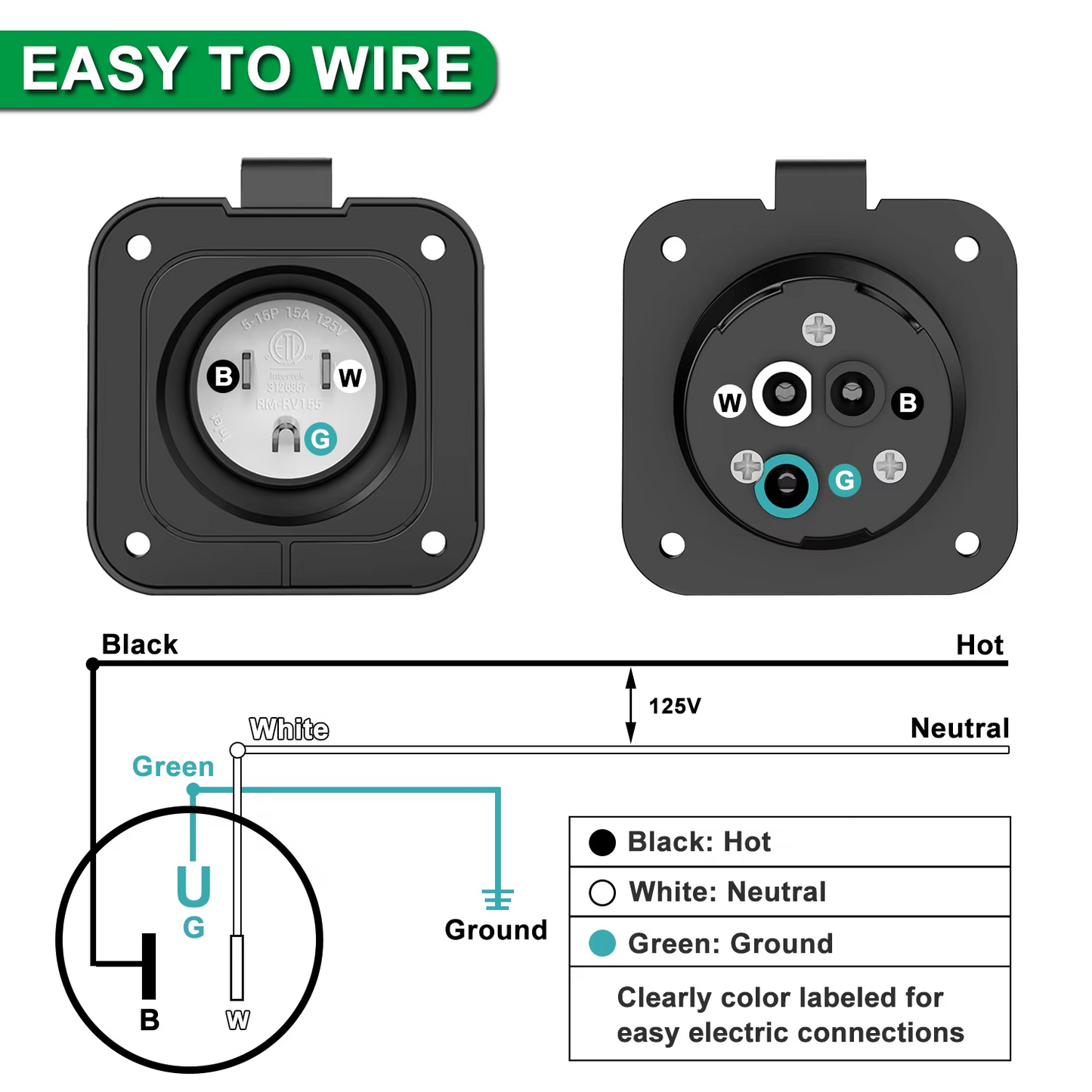 15Amp 125V Flanged Inlet Receptacle for Marine Boat RV Shed Electrical Extension