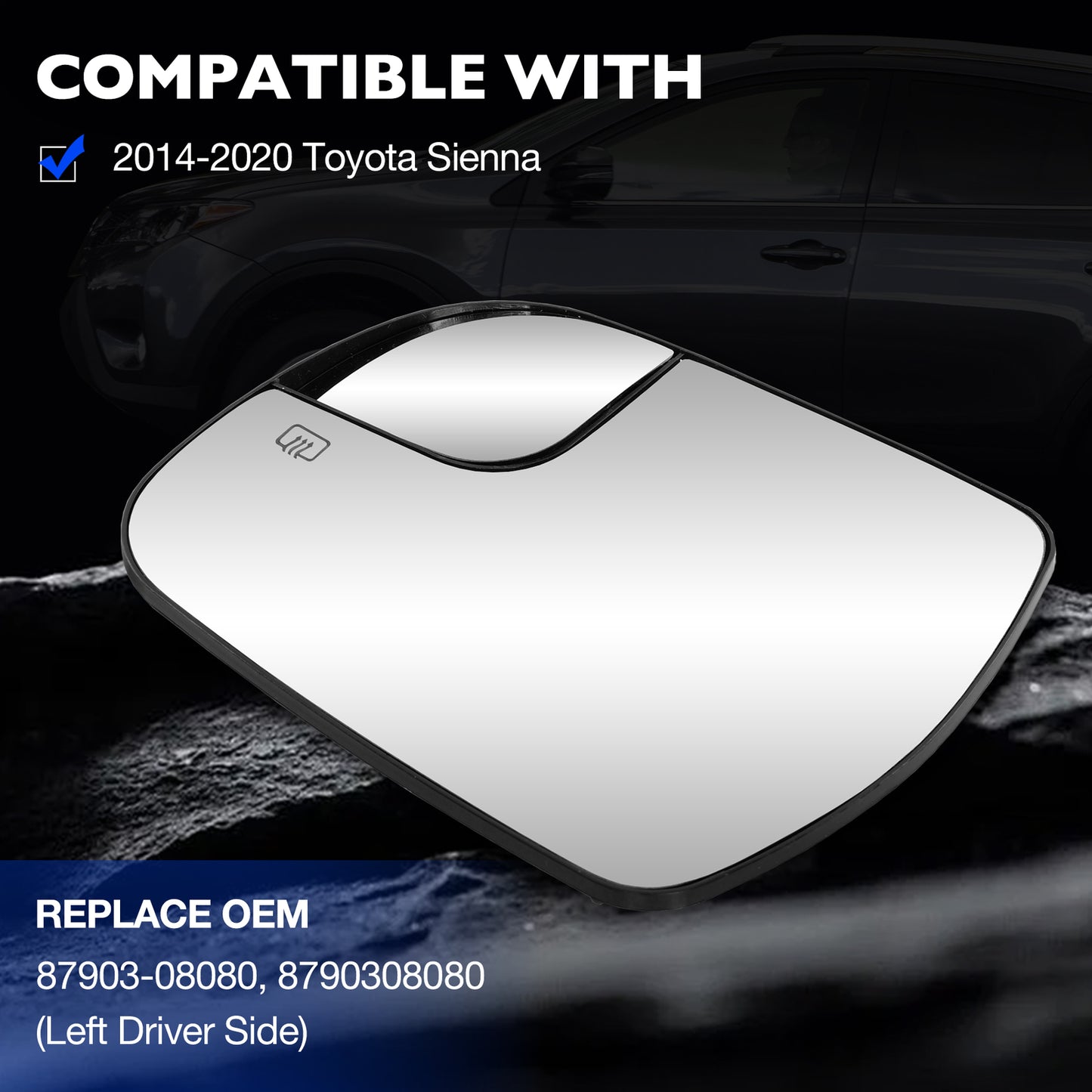 Left Driver Side Convex Mirror Glass w/ Power Heated For 2014-2020 Toyota Sienna
