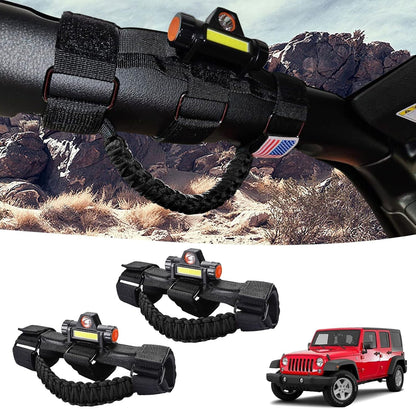 2PCS US Flag Black Roll Bar Grab Handles with Light For Jeep Wrangler TJ JK JL
