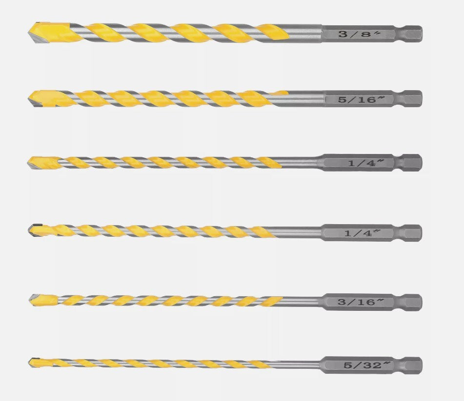 6PCS Professional Masonry Concrete Drill Bit Set 1/4 Inch Hex Shank Carbide Tips
