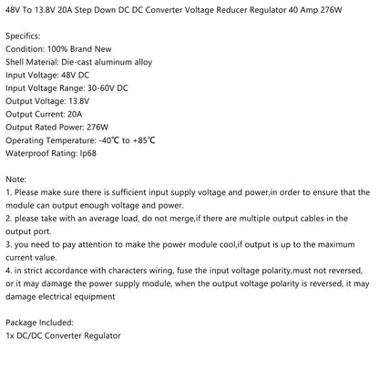 WaterProof 48V to 13.8V 20A 276W Step Down DC/DC Power Converter Regulator