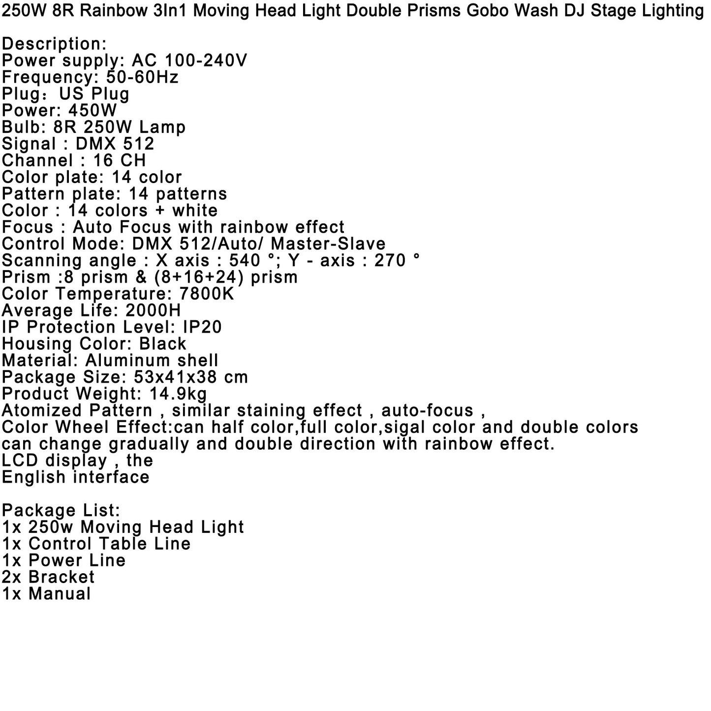 250W 8R Rainbow 3In1 Moving Head Light Double Prisms Gobo Wash DJ Stage_Lighting