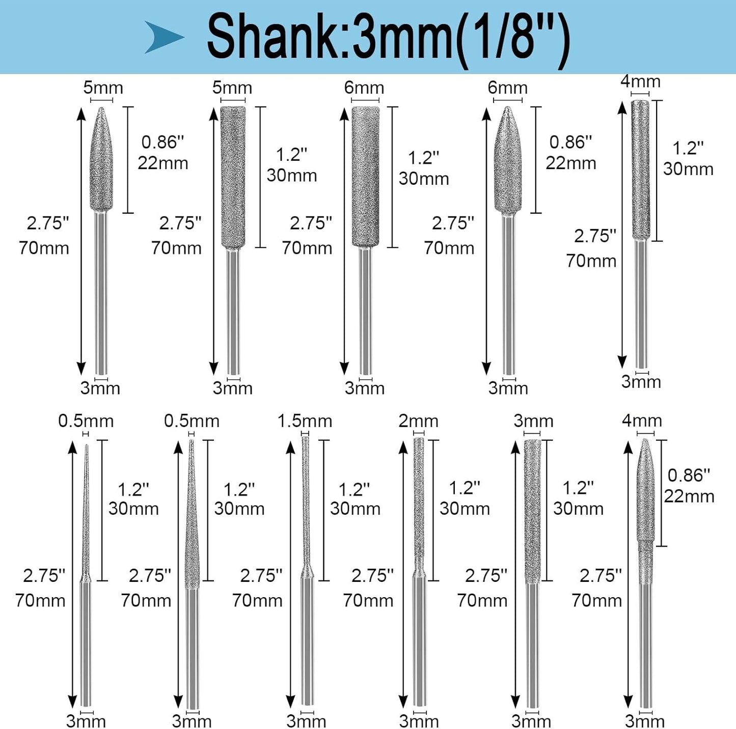 11Pcs Diamond Burr Stone Carving Grinding Bits 1/8" Shank for Dremel Rotary Tool