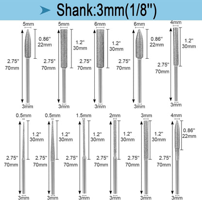 11Pcs Diamond Burr Stone Carving Grinding Bits 1/8" Shank for Dremel Rotary Tool