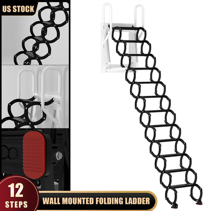 Wall Mounted Folding Ladder Black Loft Attic Stairs Pull down 12 Steps*