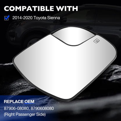 Right Passenger Side Convex Mirror Glass w/ Power Heated For 14-20 Toyota Sienna