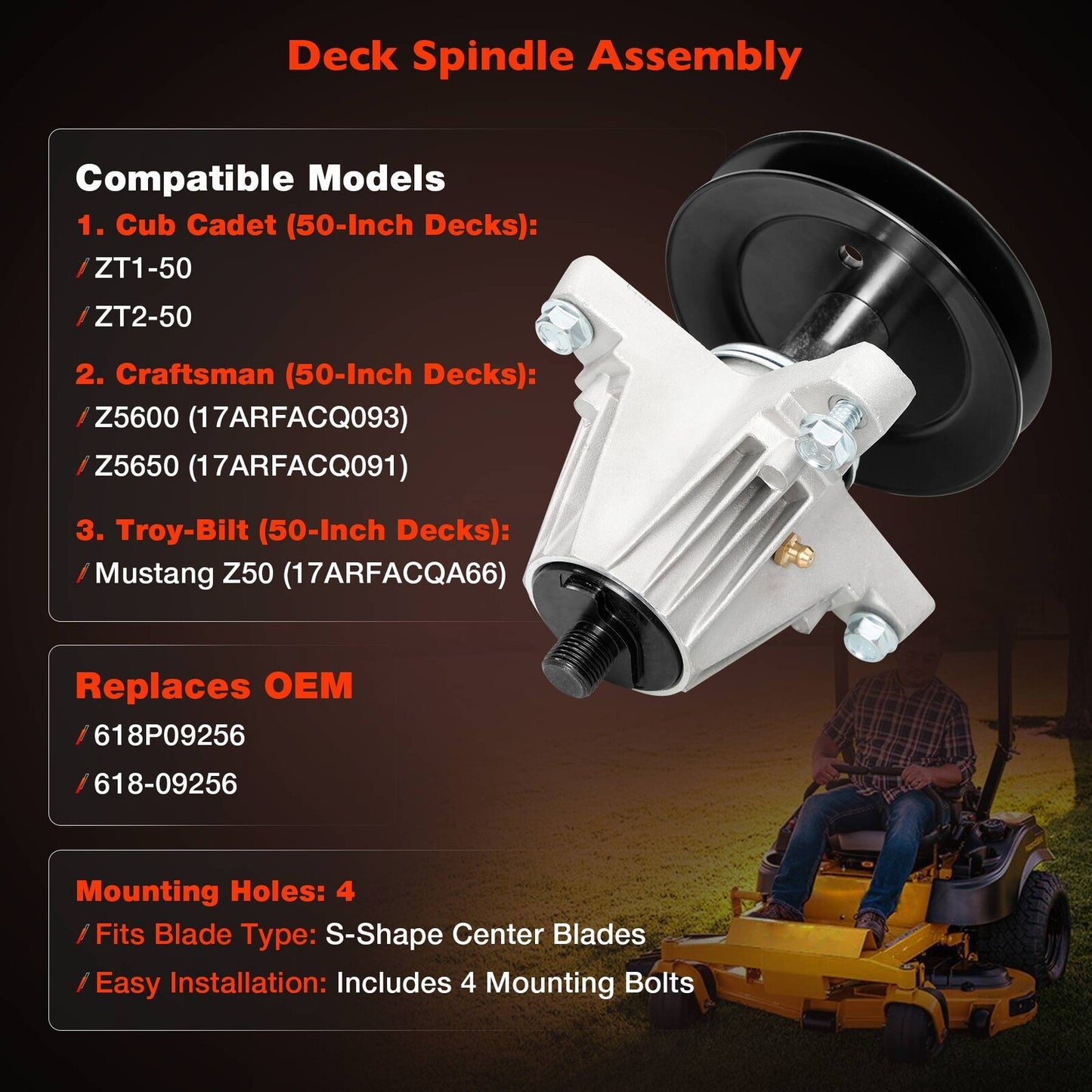 50" Deck Mower Deck Spindle For Cub Cadet ZT1 ZT2 Craftsman Troy-Bilt  618P09256