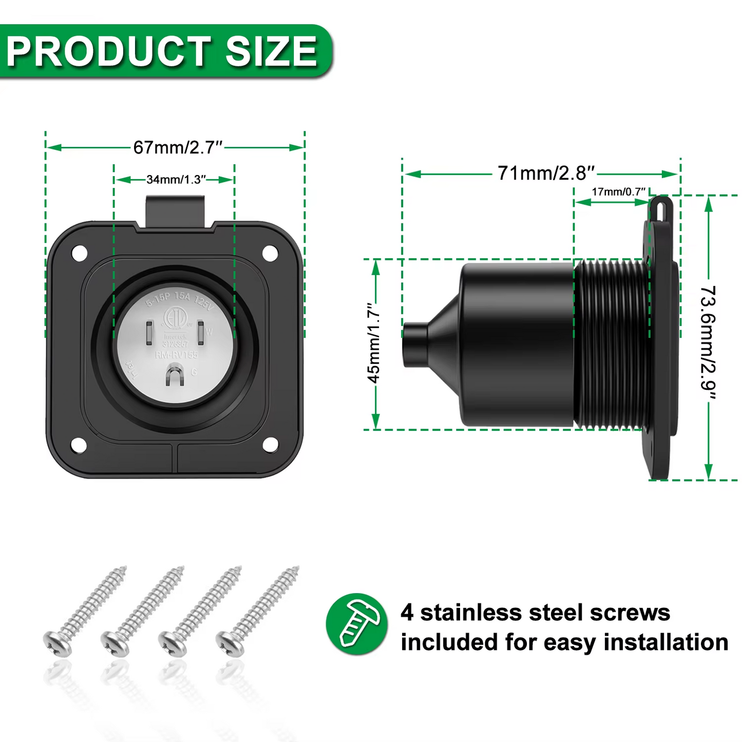 15Amp 125V Flanged Inlet Receptacle for Marine Boat RV Shed Electrical Extension