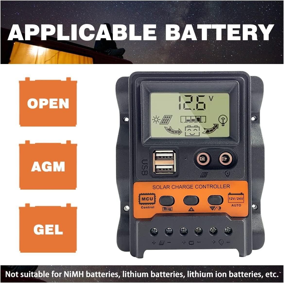 30A PWM Solar Panel Regulator Charge Controller 12/24V Auto Focus Tracking USB