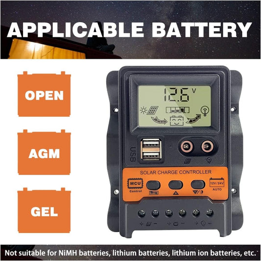 30A PWM Solar Panel Regulator Charge Controller 12/24V Auto Focus Tracking USB