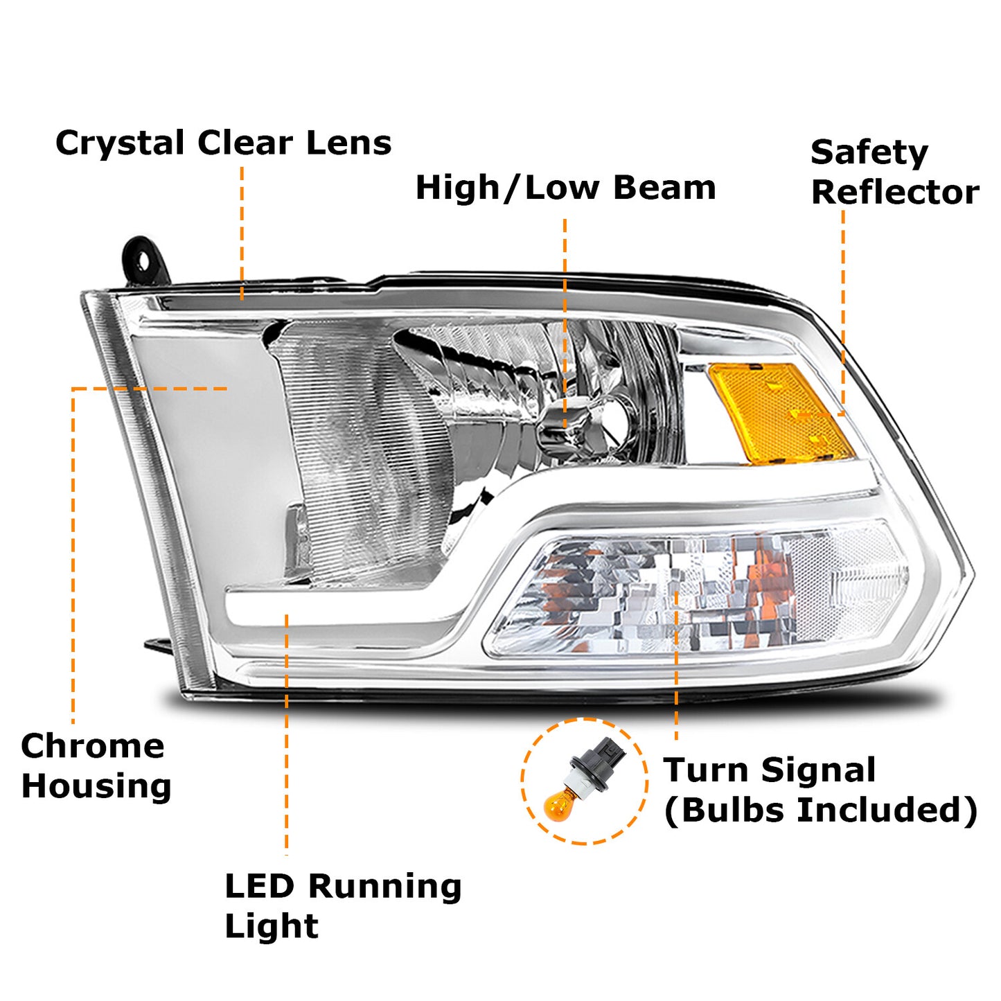 Solid Spare For 09-18 Dodge Ram 1500 2500 3500 Sequential Turn Signal Headlights w/LED DRL