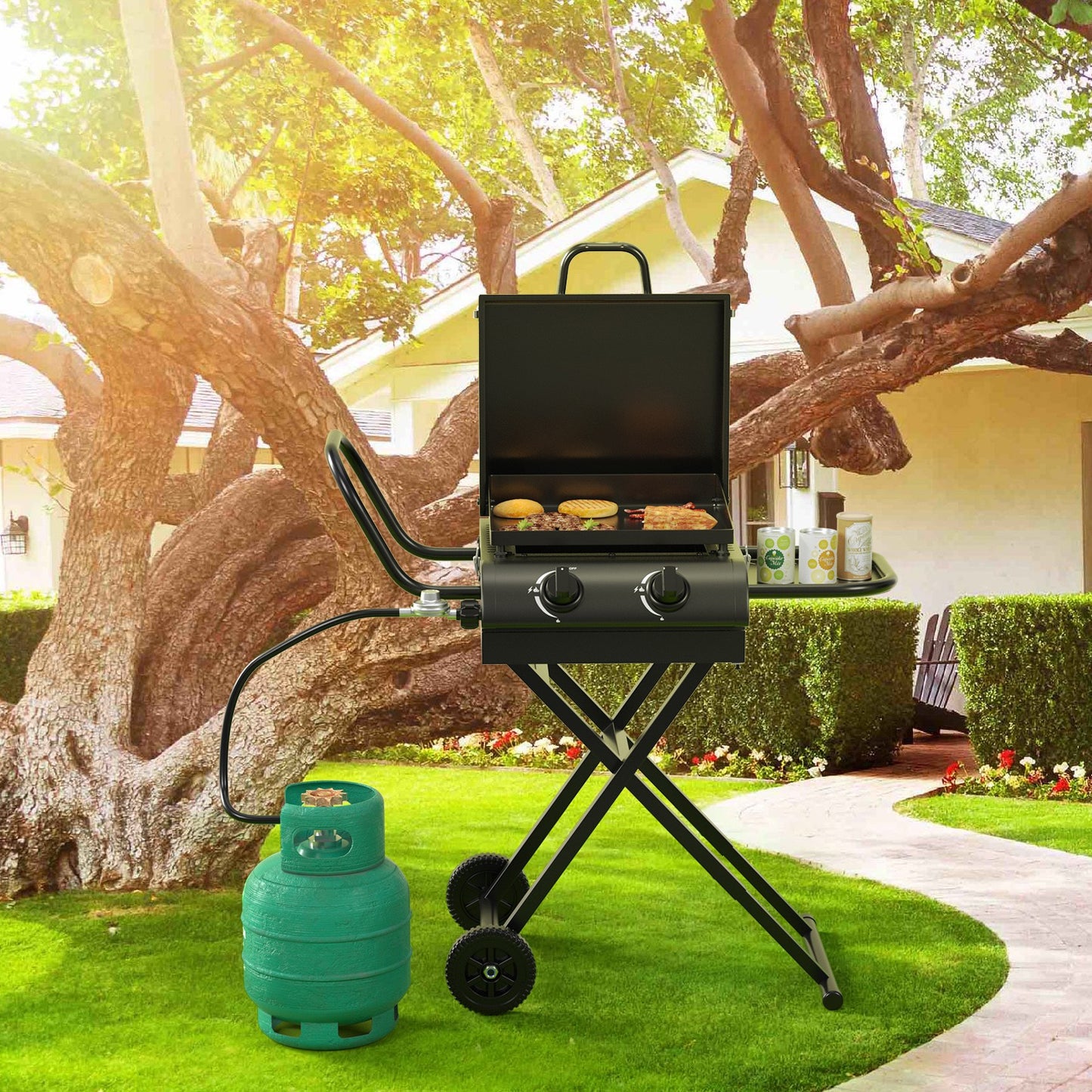 Portable Leg Propane Grill Folding Gas Grill Griddle w/Hood & Side Shelf,