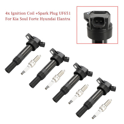 4x Ignition Coil +Spark Plug UF651 For Kia Soul Forte Hyundai Elantra