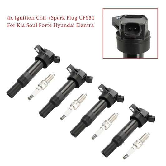 4x Ignition Coil +Spark Plug UF651 For Kia Soul Forte Hyundai Elantra