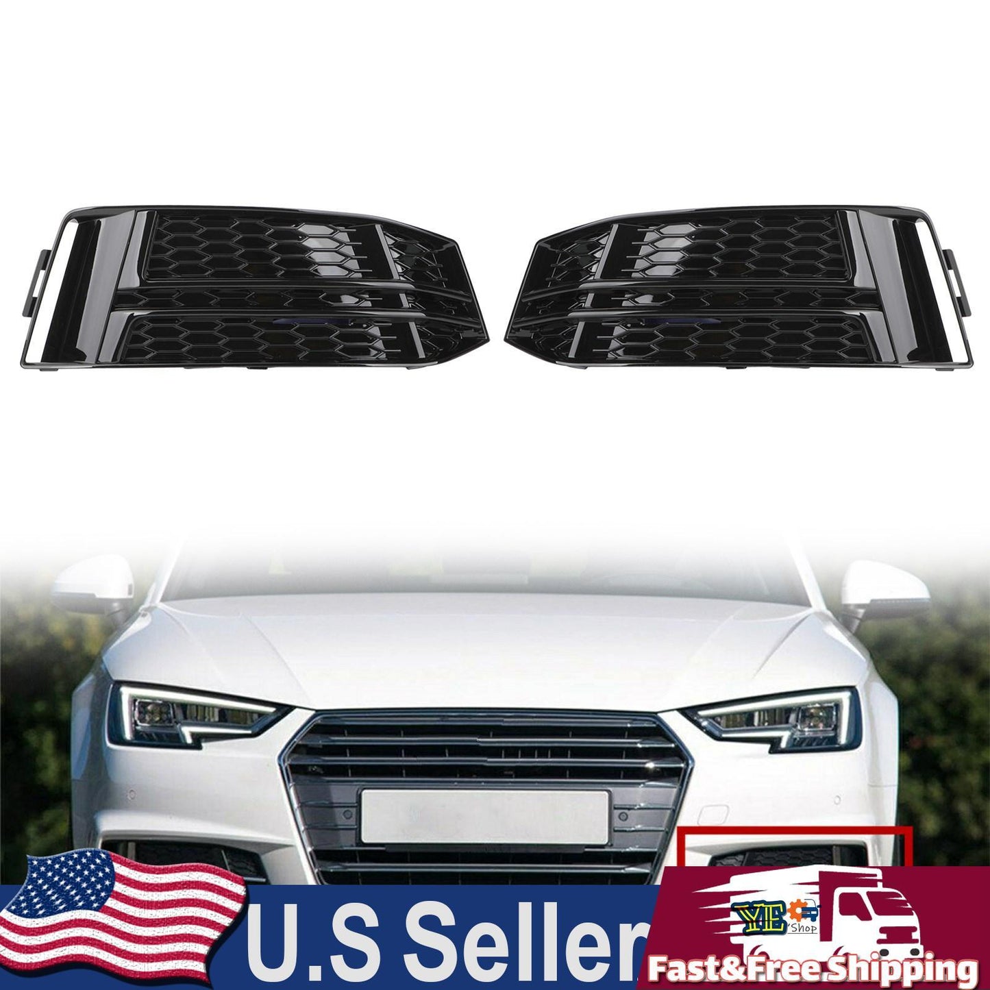 Black Front Fog Light Cover Fit For AUDI A4 B9 S-LINE 2016-2018 Bumper Grille