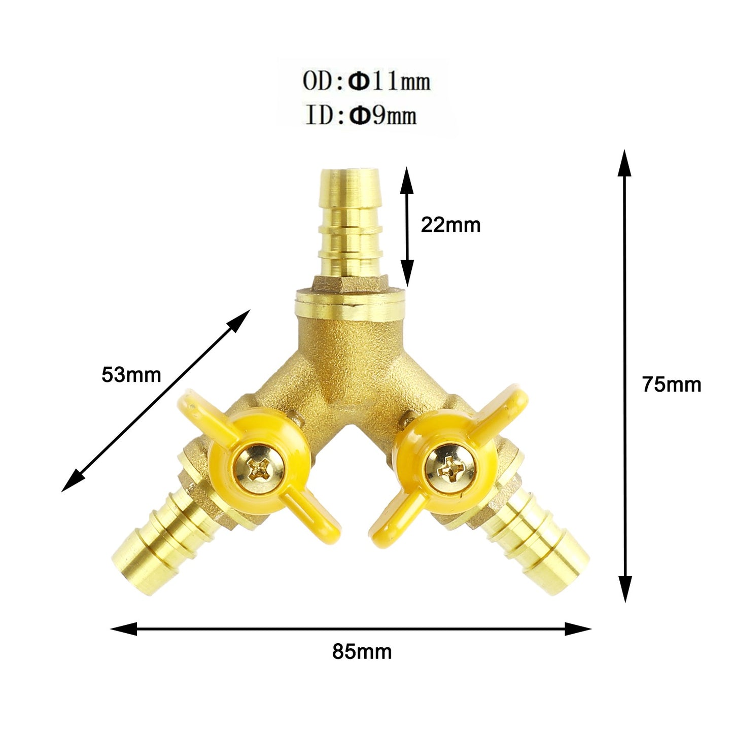3/8" Hose Barb Ball Valve Y Shaped 3 Way Connector Barb Brass Fitting OD 11mm US