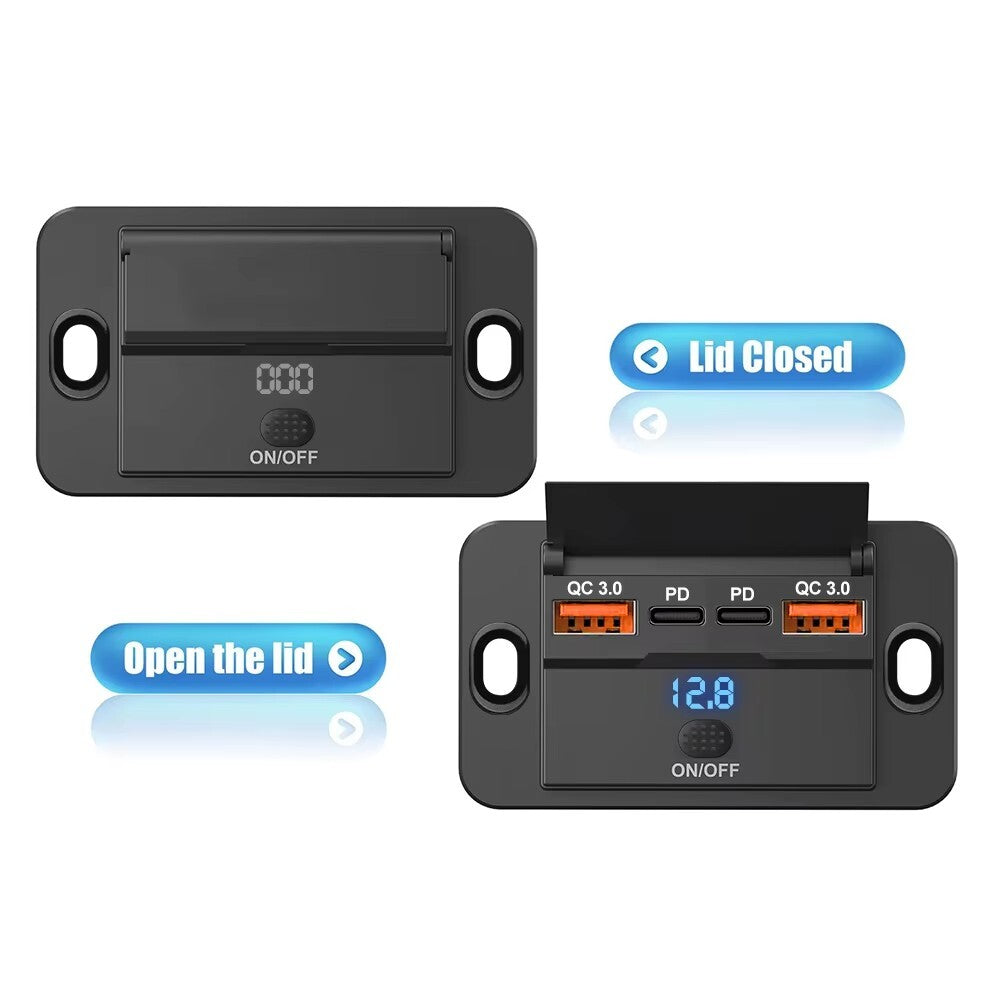Fast USB Car Charger Socket Panel LED Voltmeter QC3.0 & PD Power Outlet 12-24V